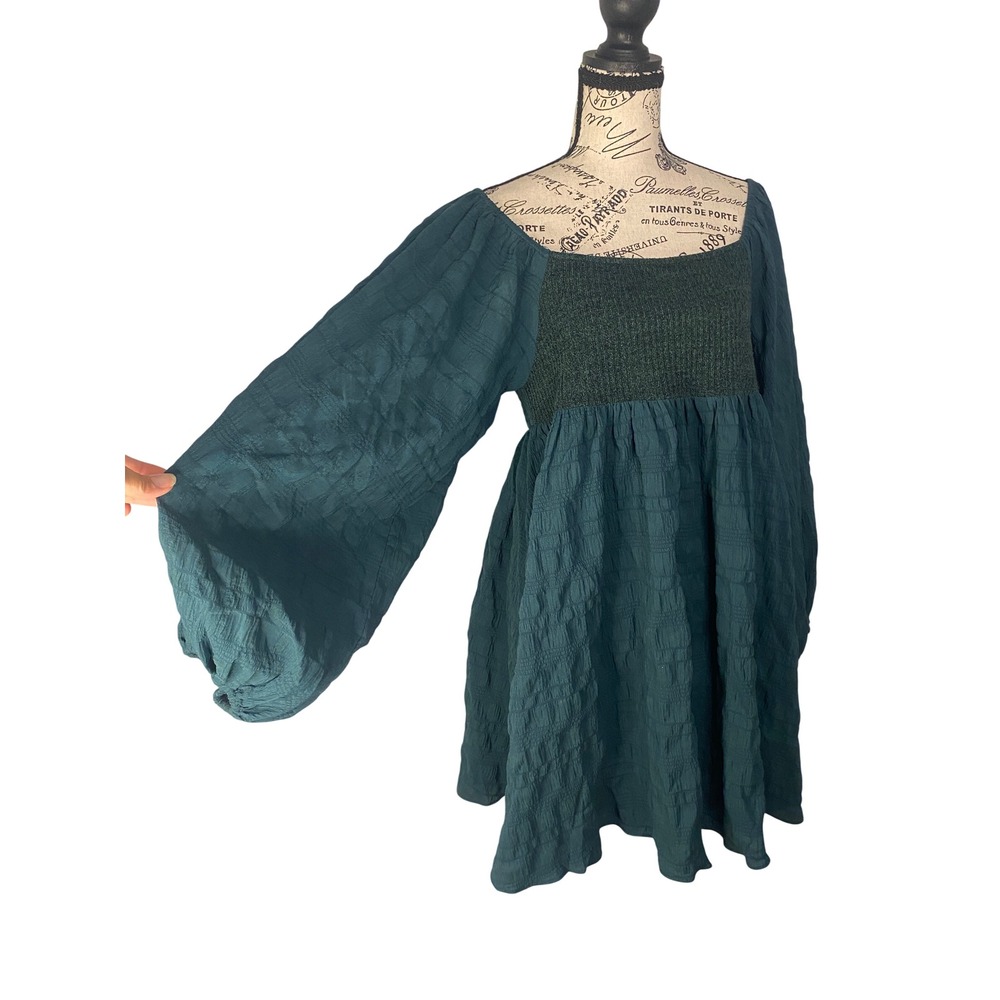 Vici Teal Green Smocked Balloon Sleeve Mini Dress Small Boho Party Fairy Whimsy